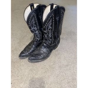 VTG DAN POST Black Leather Cowboy Boots Size 12 EW Stitched Western